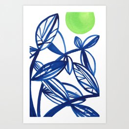 Navy blue and lime green abstract leaves Art Print