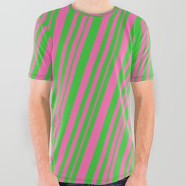 [ Thumbnail: Hot Pink & Lime Green Colored Lines/Stripes Pattern All Over Graphic Tee ]