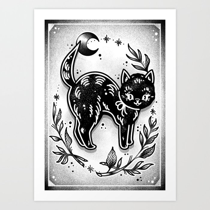 Black Cat Moon Halloween Cute Traditional Flash Tattoo Art Print by