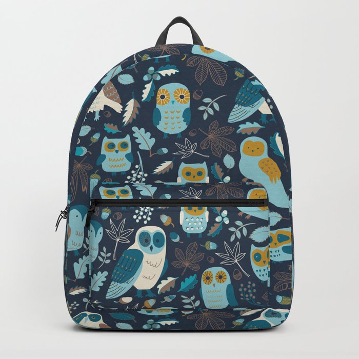 Autumn Owls - Teal and Mustard on Navy - Cute woodland pattern by Cecca Designs Backpack