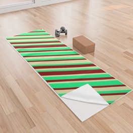 [ Thumbnail: Green, Dark Red & Pale Goldenrod Colored Stripes Pattern Yoga Towel ]