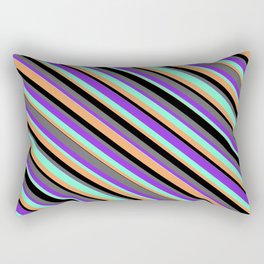 [ Thumbnail: Eye-catching Black, Dim Grey, Purple, Aquamarine & Brown Colored Stripes/Lines Pattern Rectangular Pillow ]