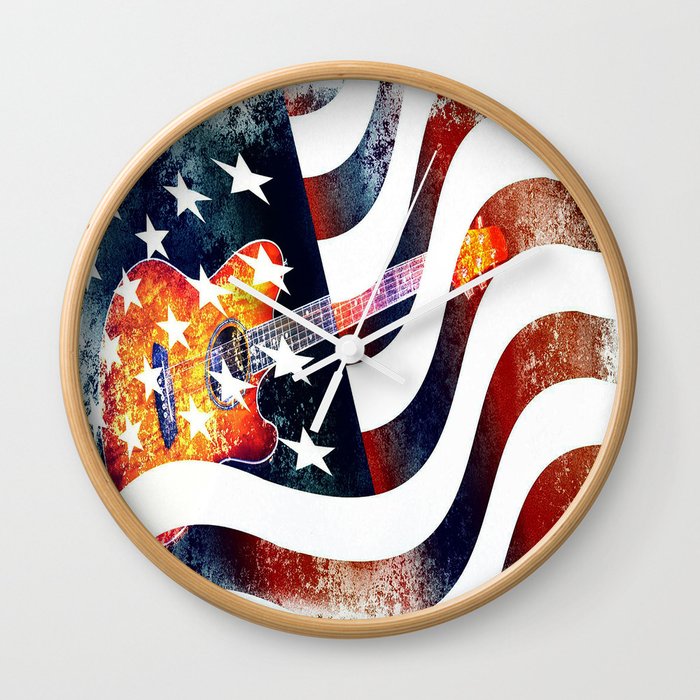 Country Music Guitar And American Flag By Annie Zeno Wall Clock By Anniezeno Society6