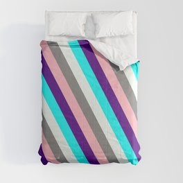 [ Thumbnail: Colorful Indigo, Cyan, Mint Cream, Grey, and Light Pink Colored Lined/Striped Pattern Comforter ]
