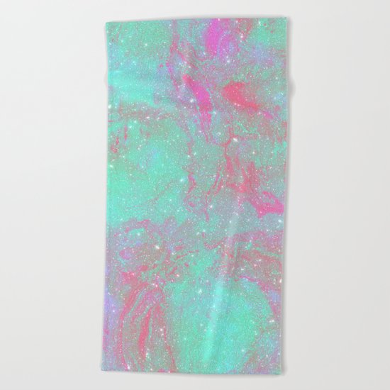 Teal Pink Marble Stars Beach Towel