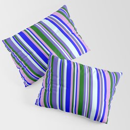 [ Thumbnail: Colorful Plum, Blue, Light Cyan, Slate Blue & Dark Green Colored Striped/Lined Pattern Pillow Sham ]