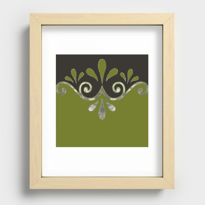 Abstract ornamental shape in olive green, grey  and silver Recessed Framed Print