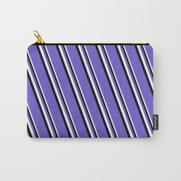 [ Thumbnail: White, Black & Slate Blue Colored Stripes Pattern Carry-All Pouch ]