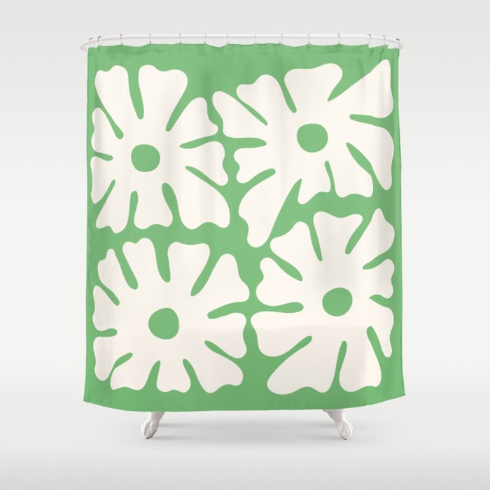 Mid-Century Flowers in Green & White Shower Curtain