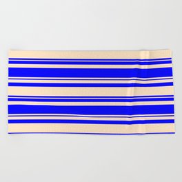 [ Thumbnail: Bisque and Blue Colored Lined/Striped Pattern Beach Towel ]