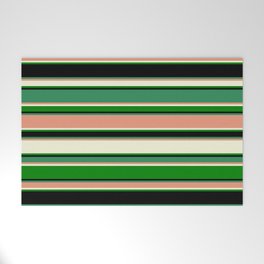 [ Thumbnail: Eye-catching Sea Green, Dark Salmon, Beige, Green, and Black Colored Lined Pattern Welcome Mat ]