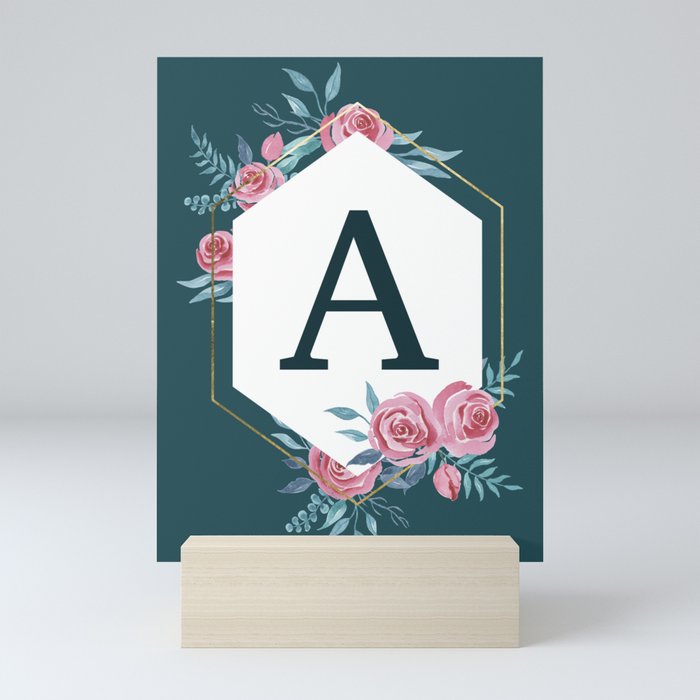 Personalized initial letter A monogram in floral frame on green Mini Art Print
