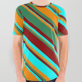 [ Thumbnail: Dark Orange, Sea Green, Dark Red, and Aqua Colored Stripes/Lines Pattern All Over Graphic Tee ]