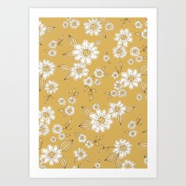 Floral pattern with cute daisies. Feminine retro design with summer flowers in a honey yellow palette. Art Print