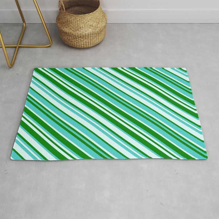 Green, Turquoise & Light Cyan Colored Lined/Striped Pattern Rug