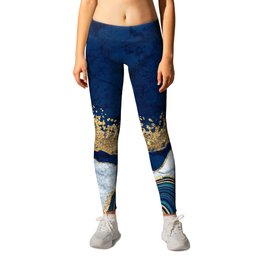 Modern Blue + Gold Veins Marble Watercolor Abstract Painting III Leggings