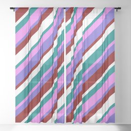 [ Thumbnail: Vibrant Teal, Violet, Slate Blue, Maroon & White Colored Pattern of Stripes Sheer Curtain ]