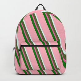 [ Thumbnail: Eyecatching Light Pink, Light Cyan, Dark Olive Green, Hot Pink & Green Colored Striped Pattern Backpack ]