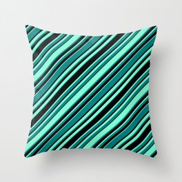 [ Thumbnail: Aquamarine, Teal, and Black Colored Pattern of Stripes Throw Pillow ]