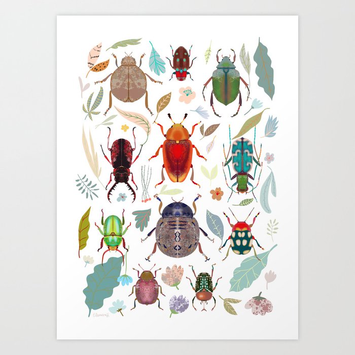 Beetles and Leaves Art Print