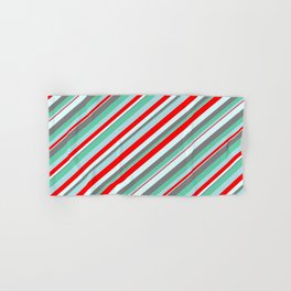 [ Thumbnail: Eyecatching Aquamarine, Powder Blue, Red, Light Cyan, and Gray Colored Lines Pattern Hand & Bath Towel ]