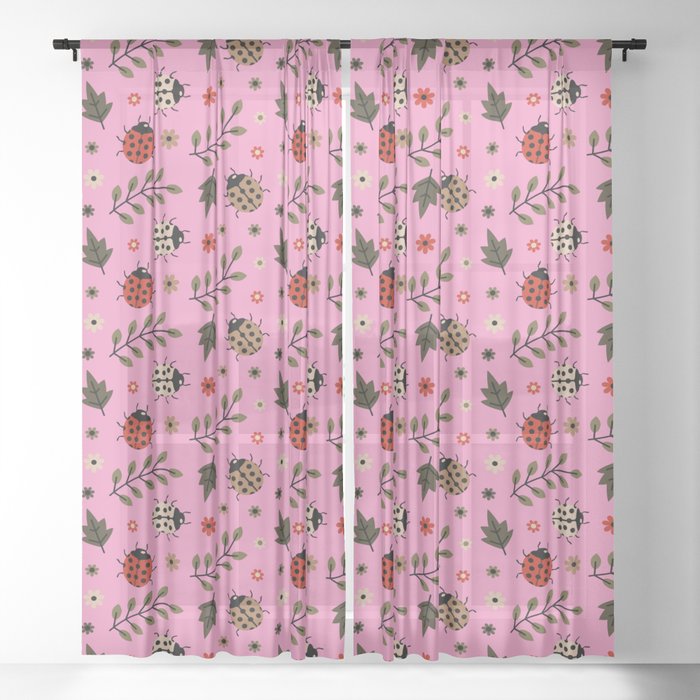 Ladybug and Floral Seamless Pattern on Pink Background Sheer Curtain