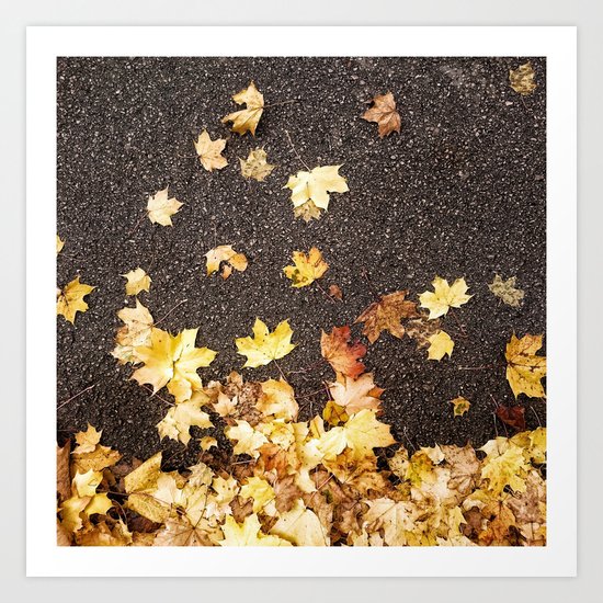 Gold yellow maple leaves autumn asphalt road Art Print