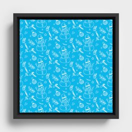 Turquoise and White Christmas Snowman Doodle Pattern Framed Canvas