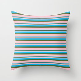 [ Thumbnail: Deep Sky Blue, Dark Olive Green & Pink Colored Lined/Striped Pattern Throw Pillow ]