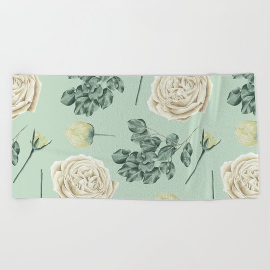 Rose Pattern Cream + Mint Green Beach Towel