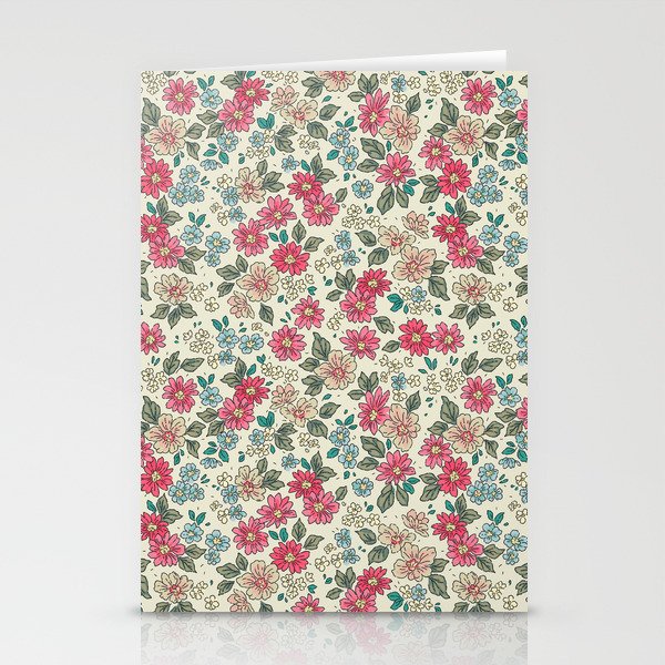 Vintage floral background. Floral pattern with small pastel color flowers on a light gray-green background. Seamless pattern. Ditsy style. Stock vintage illustration.  Stationery Cards