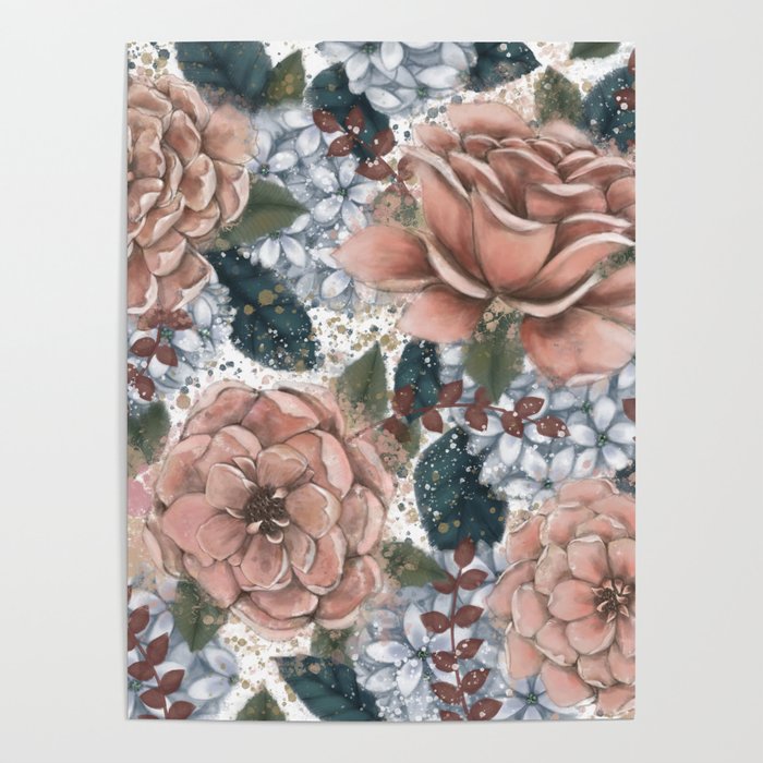 Pink and Gray Flowers Poster