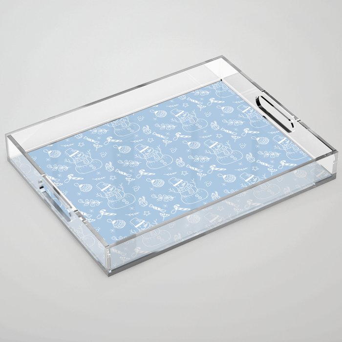 Pale Blue and White Christmas Snowman Doodle Pattern Acrylic Tray