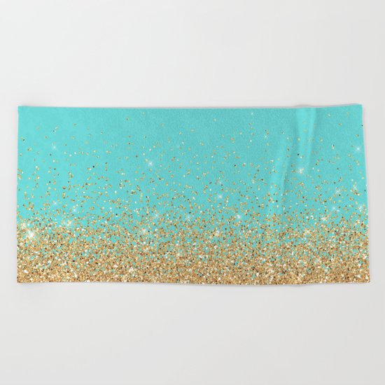 Sparkling gold glitter confetti on aqua teal damask background Beach Towel
