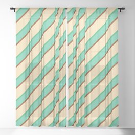 [ Thumbnail: Beige, Sea Green, Aquamarine & Brown Colored Lines Pattern Sheer Curtain ]