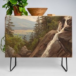 Birch Mountains and Valley Waterfall landscape apinting by Alfred Thompson Bricher Credenza