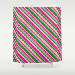 [ Thumbnail: Deep Pink, Dark Gray, Forest Green, and Light Pink Colored Lines/Stripes Pattern Shower Curtain ]