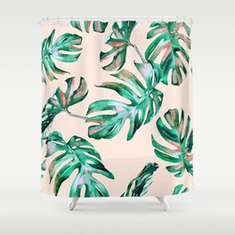 Tropical Palm Leaves Coral Greenery Shower Curtain