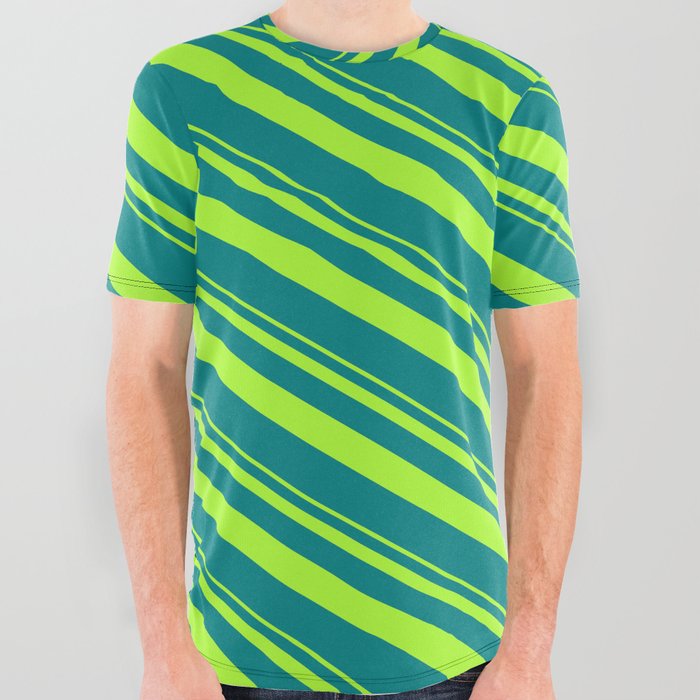 Light Green and Teal Colored Striped Pattern All Over Graphic Tee