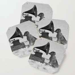 Chris the Dog and the Gramophone, Anarctic snow-covered polar black and white photography / photographs by Herbert Ponting Coaster