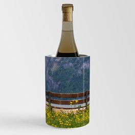 Switzerland Photography - Bench Sitting In The Middle Of A Yellow Flower Field Wine Chiller
