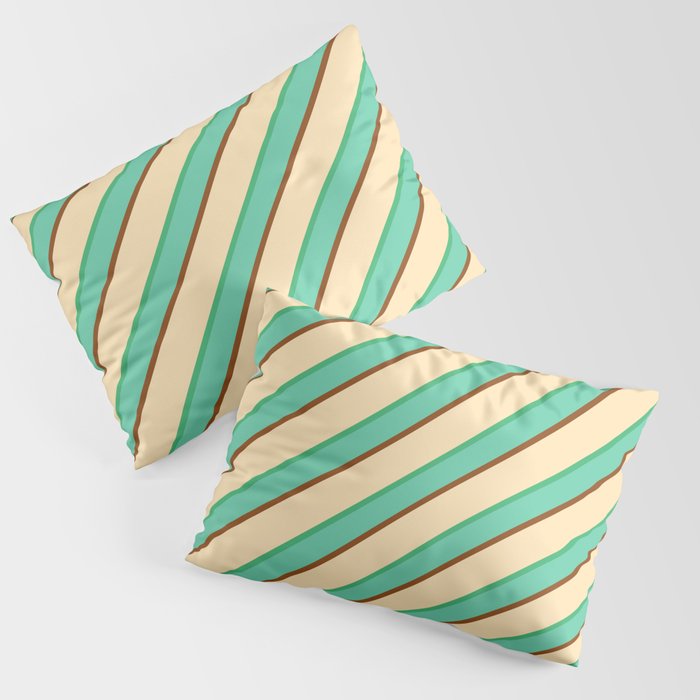 Beige, Sea Green, Aquamarine & Brown Colored Lines Pattern Pillow Sham