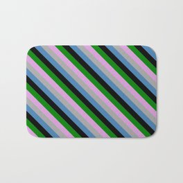 [ Thumbnail: Vibrant Plum, Dark Grey, Blue, Black & Green Colored Stripes Pattern Bath Mat ]