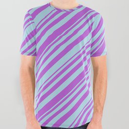 [ Thumbnail: Orchid and Light Blue Colored Lined Pattern All Over Graphic Tee ]