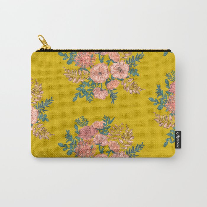 Mustard Yellow Wildflower Bouquet Vintage Seamless Pattern Carry-All Pouch
