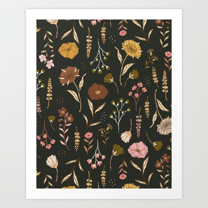 Spring Garden Flower Collection - Charcoal Black Art Print