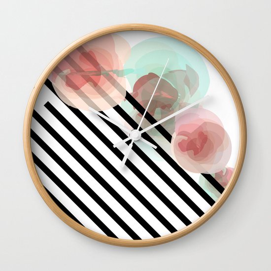 Watercolor Floral with Stripes Wall Clock