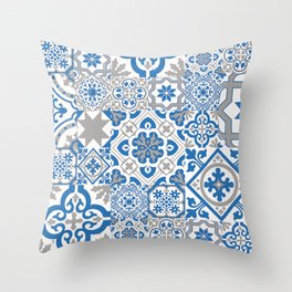 Blue and Gray Heritage Vintage Traditional Moroccan Zellij Zellige Tiles Style Throw Pillow