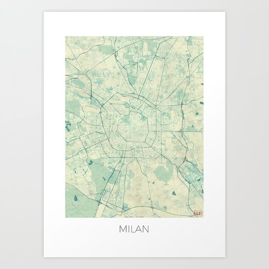 Milan Map Blue Vintage Art Print
