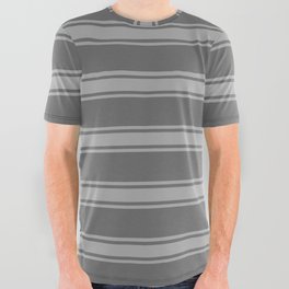 [ Thumbnail: Dim Grey and Dark Gray Colored Lined/Striped Pattern All Over Graphic Tee ]